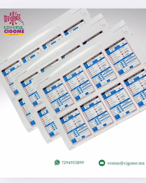 Pliegos de etiquetas informativas en azul y blanco, publicados por Editorial CIGOME.